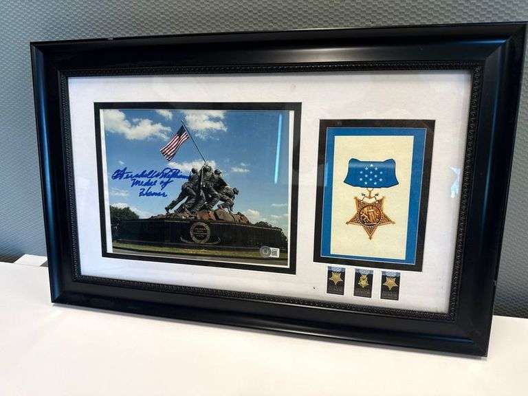 Authenticated Framed Iwo Jima Memorial Photo Signed by Woody Williams