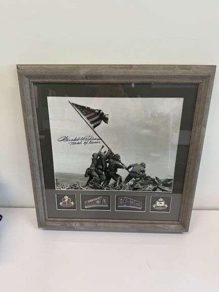 Framed Iwo Jima Print Signed by Woody Williams with Personal Challenge Coin Display