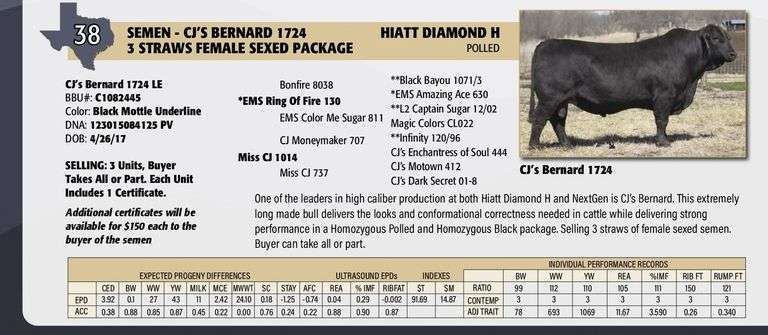 Sexed Semen Package: CJ'S BERNARD