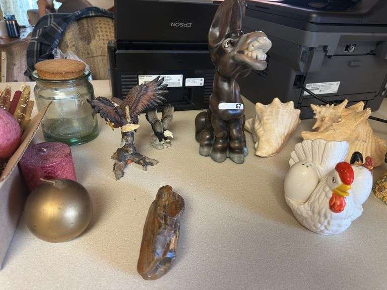 Decorative chickens, donkey, shells and more
