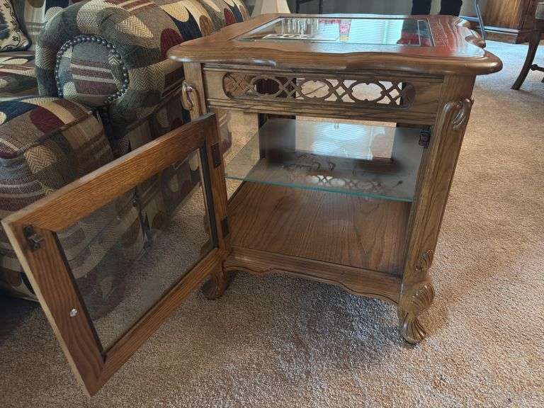 Wood side table with glass top, glass doors, and glass shelf ￼