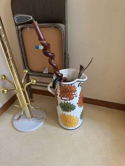 Vintage hall tree, pottery vase cane and more