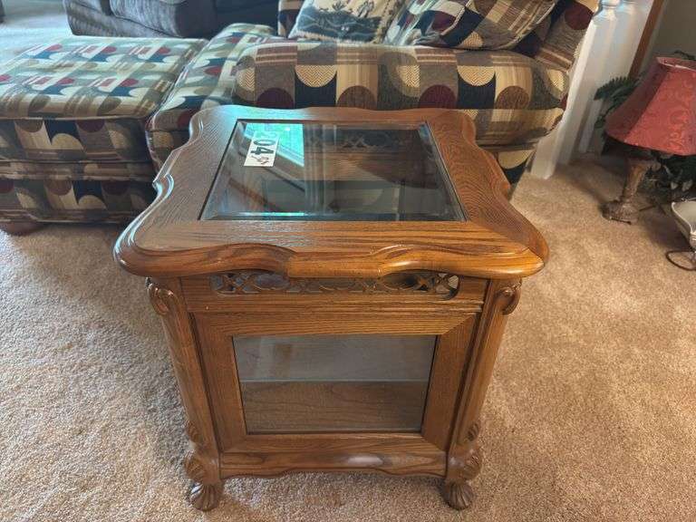 Wood side table with glass top, glass doors, and glass shelf ￼