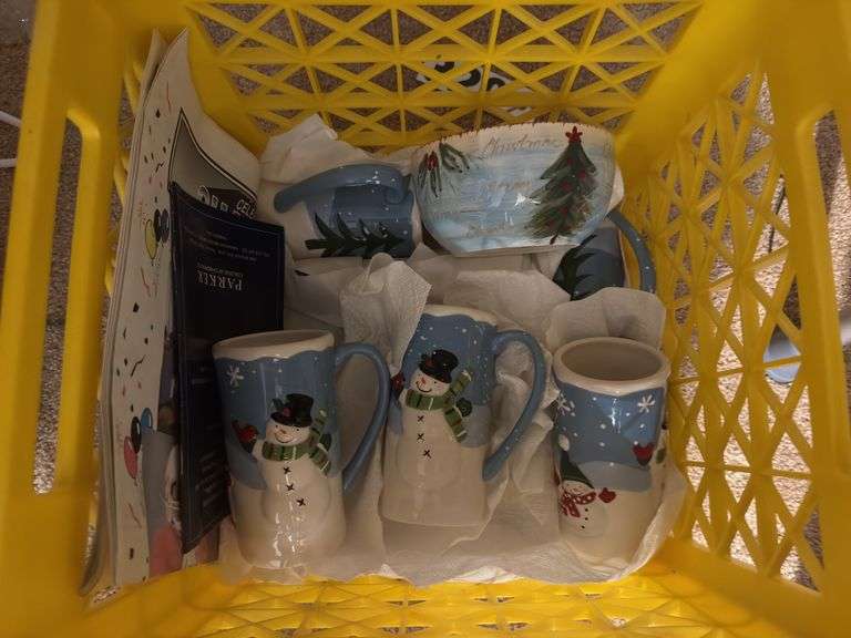 Fall decor, Christmas lights and snowman mugs and bowl