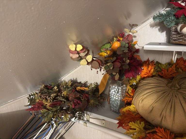 Fall decor, Christmas lights and snowman mugs and bowl
