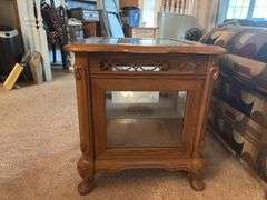 Wood side table with glass top, glass doors, and glass shelf ￼