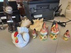 Decorative chickens, donkey, shells and more