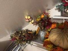 Fall decor, Christmas lights and snowman mugs and bowl