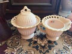 Vintage 1950s Hull vase, authentic milk glass dishes