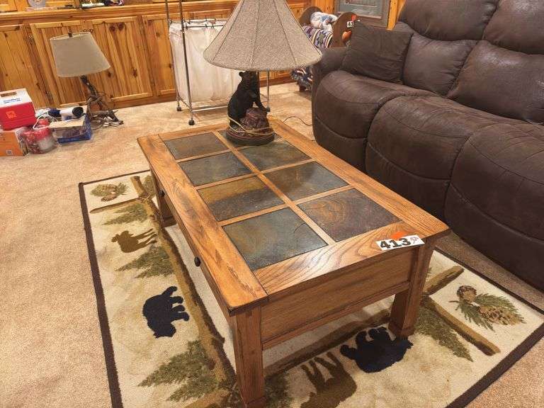 Wood ￼Coffee table with inlaid Tile and two drawers and bear table lamp