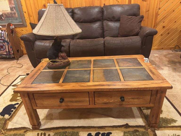 Wood ￼Coffee table with inlaid Tile and two drawers and bear table lamp