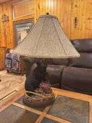 Wood ￼Coffee table with inlaid Tile and two drawers and bear table lamp