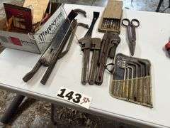 Pipe wrenches, pro bars, drill bits, large Allen wrenches box, cutters