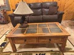 Wood ￼Coffee table with inlaid Tile and two drawers and bear table lamp