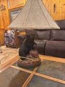 Wood ￼Coffee table with inlaid Tile and two drawers and bear table lamp
