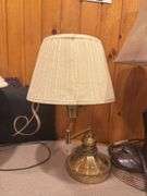 Wood bench with cushion seat, three wicker baskets, three lamps, two throw pillows ￼