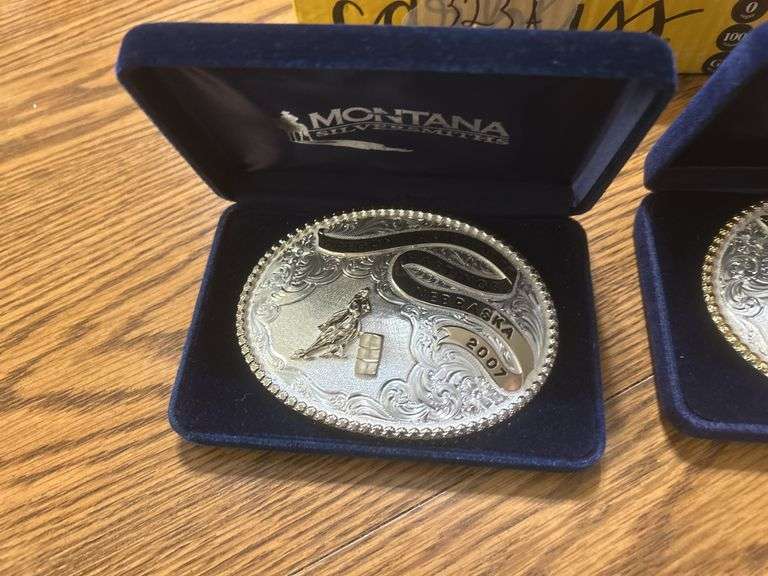 Montana silver Smith-Oregon Trail rodeo belt buckles