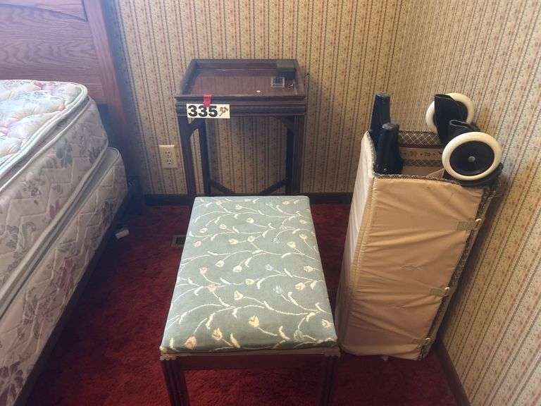 Piano bench, side table, and playpen