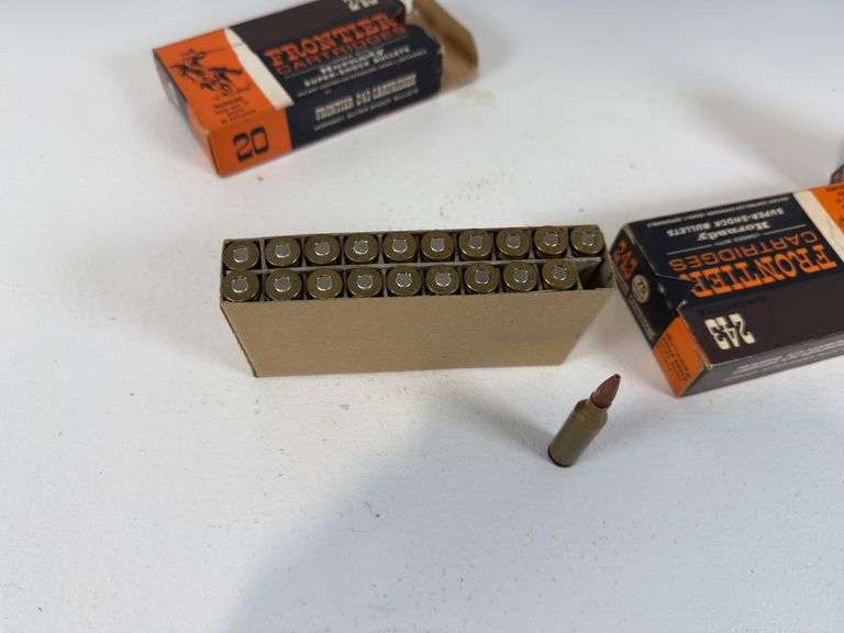 243 Winchester ammunition lot contains two boxes frontier 243 Winchester ammunition. 32 rounds of 75