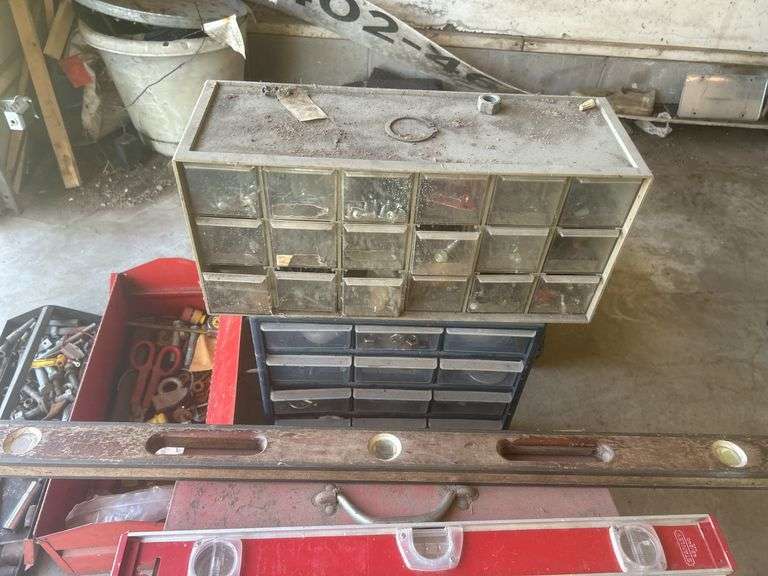 Tool boxes chainsaw levels and drill