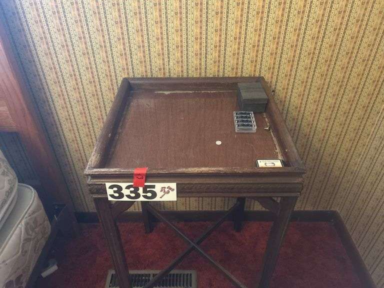 Piano bench, side table, and playpen