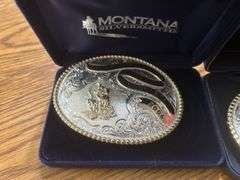 Montana silver Smith-Oregon Trail rodeo belt buckles