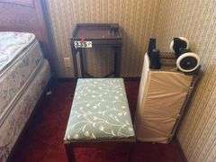 Piano bench, side table, and playpen