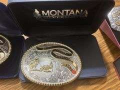 Montana silver Smith-Oregon Trail rodeo belt buckles