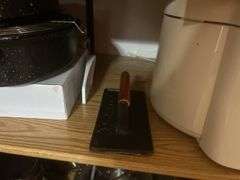 Deep fryer, serving trays, knife, sharpener, and more