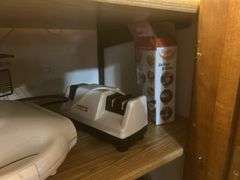 Deep fryer, serving trays, knife, sharpener, and more