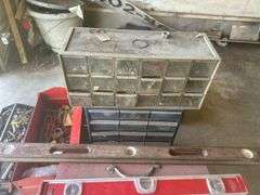 Tool boxes chainsaw levels and drill