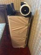 Piano bench, side table, and playpen