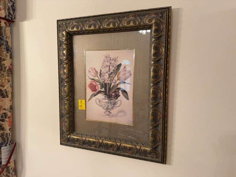 Framed floral artwork, decorative fruit plates ￼