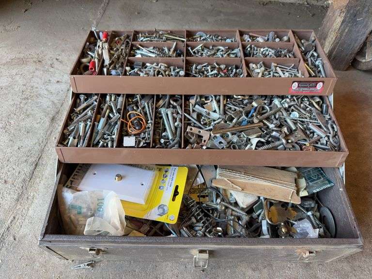 Handyman toolbox with assorted hardware