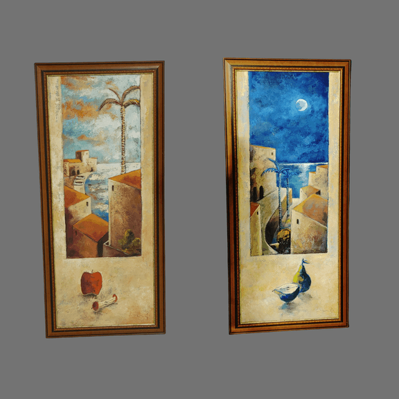 Original Paintings, Framed Diptych "Ventana de Dia"/ "Ventana de Noche"- artist signed on front Lour