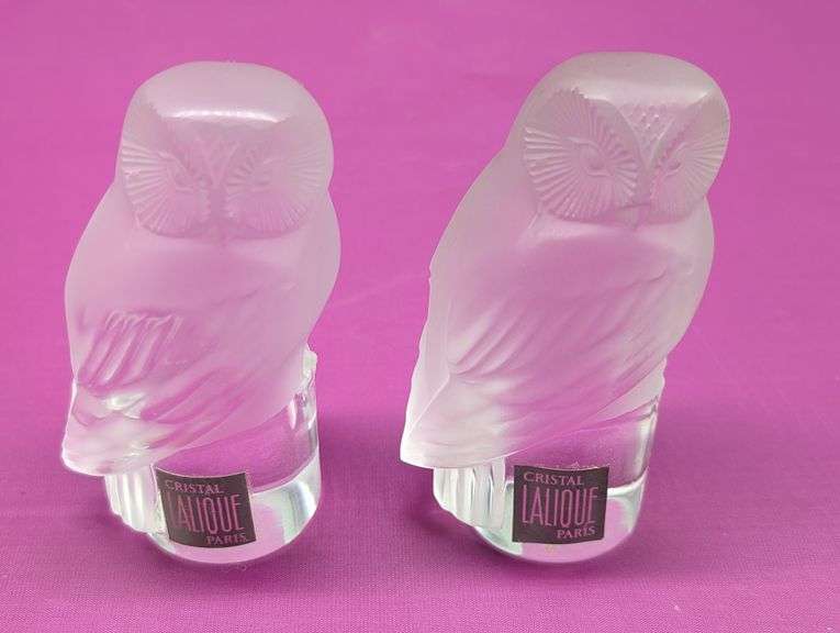 Frosted Lalique Chouette crystal pair of owls