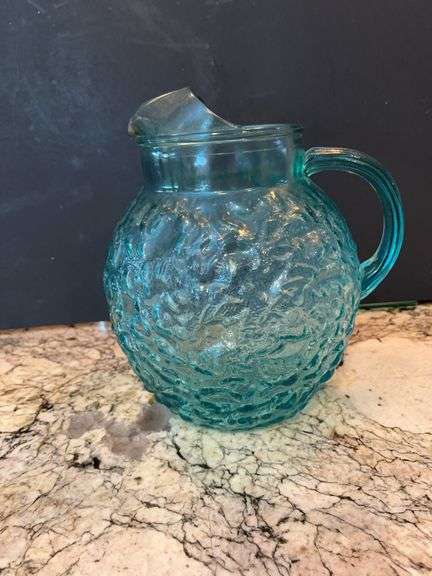 Anchor Hocking MCM Lido Milano Crinkle blue glass ball pitcher.