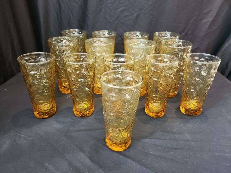 Vintage MCM Anchor Hocking - Lido Milano Crinkle Amber Glass- 8 Ice Tea & 6 Water Glasses. Matches P