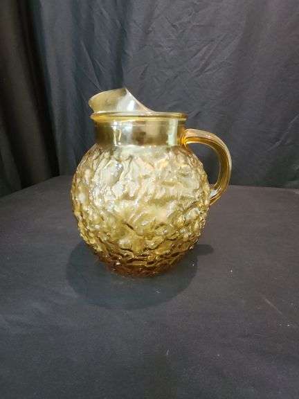 Vintage MCM Anchor Hocking - Lido Milano Crinkle Amber Glass Ball Pitcher. Matches Glasses in 6A