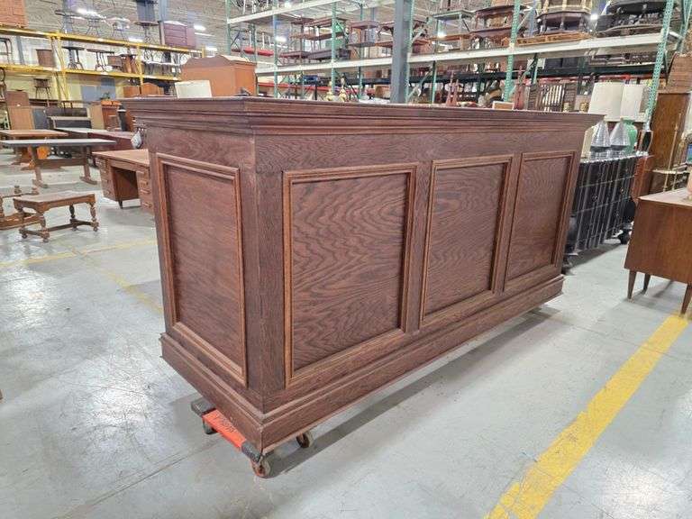 Complete Oak Finish Bar Cabinet- used at hotel front desk in Lodge 49 47.5"H x 102.5"W x 40"D