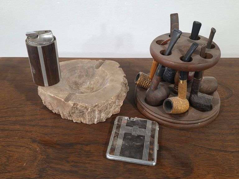 Vintage Ronson Varaflame Skoal Teak Table Lighter, Cigarette Case Lighter, Ashtray & Pipes w/ Caddy