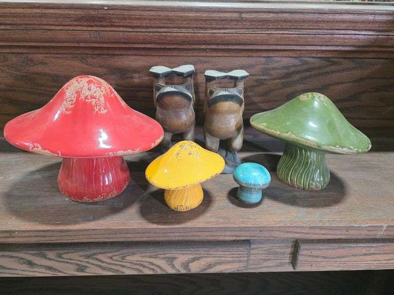 Vintage Ceramic Glazed Mushrooms and Carved Frog Figurines