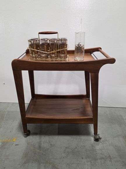 MCM Style Walnut Bar Cart with Drink Caddy and Tumblers- 29"H x 28"W x 15"D