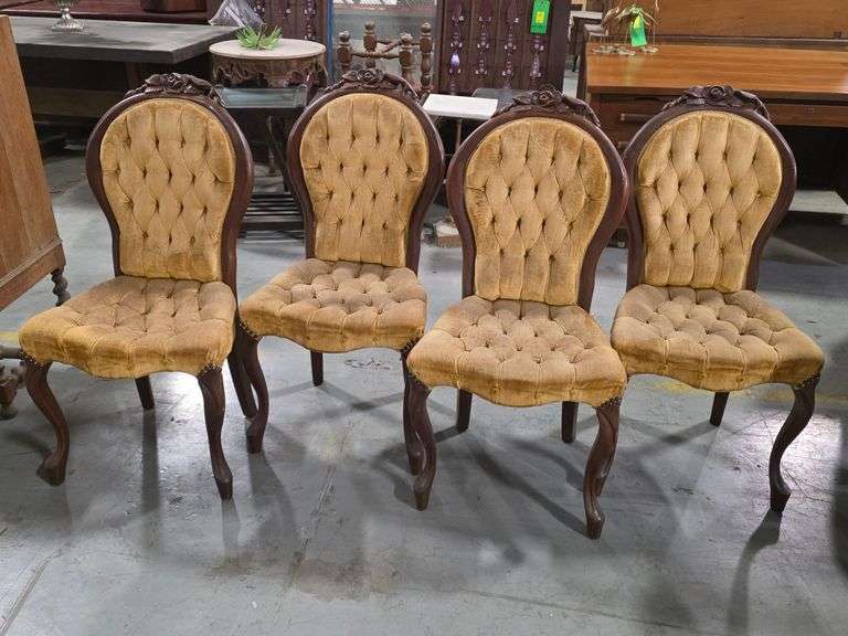 4) Antique Walnut Rose Carved Tufted Balloon-Back Cabriole Parlor Chairs
