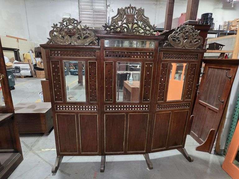 Straits Eclectic Style Teak 3-Panel Mirrored Room Divider- OAL: 78"H x 74"W x 16"D