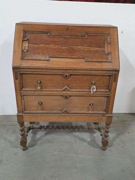 Antique Georgian Oak Barley Twist Drop-Front Bureau- 41"H x 30"W x 30"D (open)