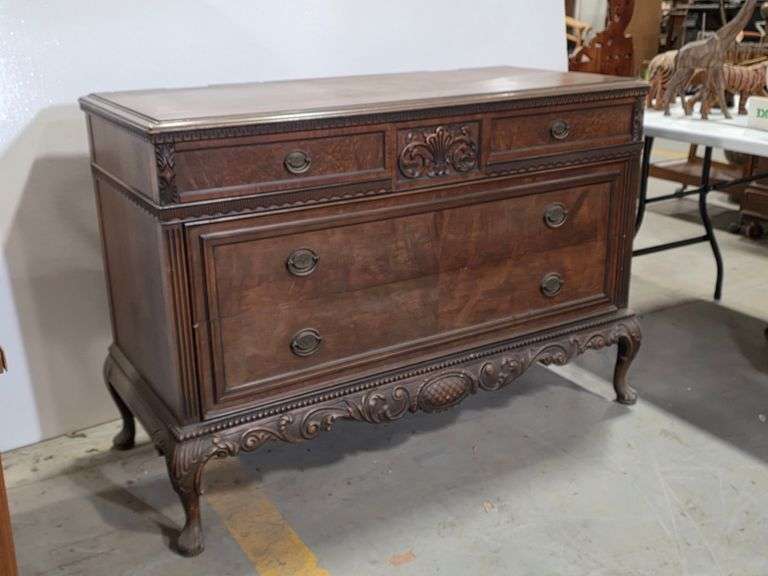 Antique Rococo Style Burled Walnut Carved Clawfoot Dresser- 36"H x 51"W x 22"D