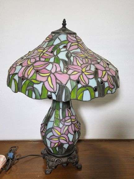 Tiffany Style Stained Glass Iris Floral Table Lamp- 26"H x 18"D shade