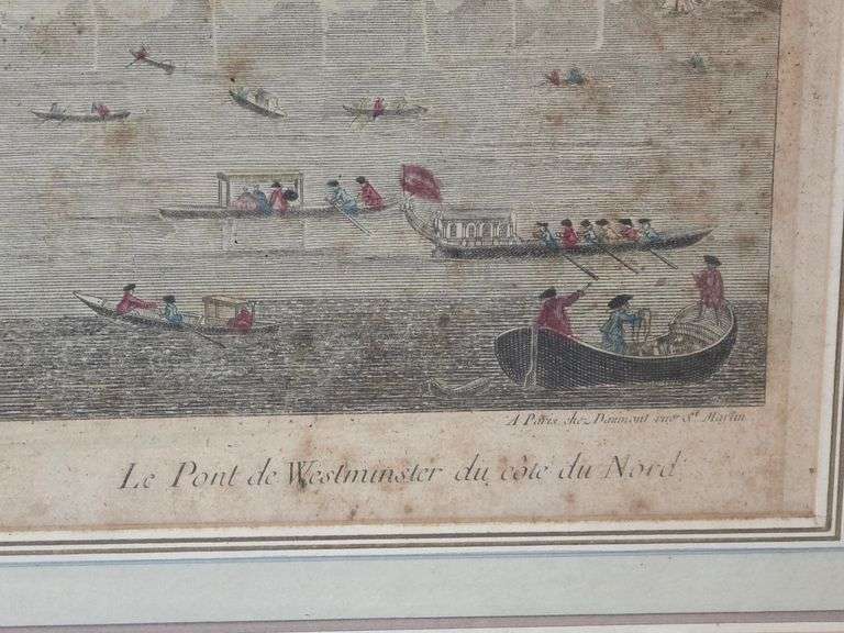 Antique Vue d'Optique of Westminster Bridge Colored Engraving