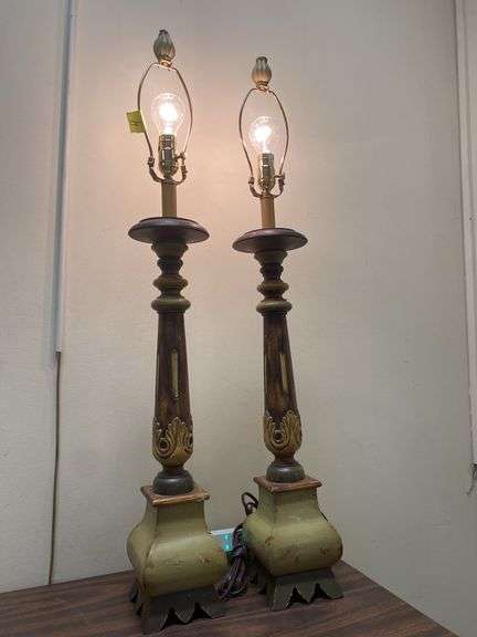 Pair of Vintage Wooden Baluster Candlestick Lamps